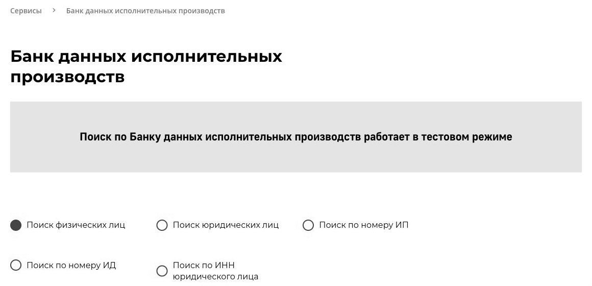 Форма поиска в банке данных исполнительных производств ФССП
